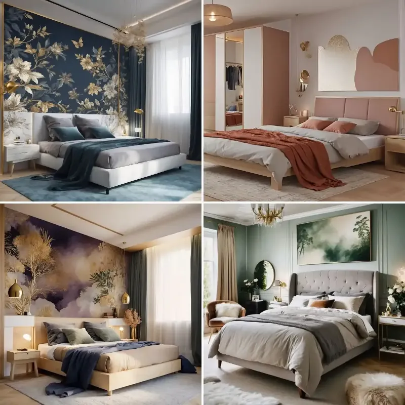 Chambre à coucher élégante avec murs taupe, éclairage doux et décoration minimaliste.