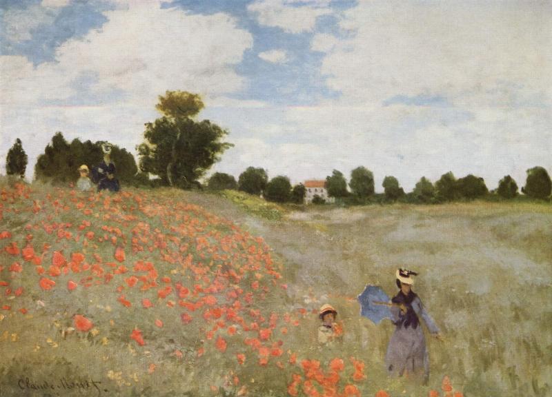 Peinture impressionniste d'un champ de coquelicots vibrant sous un ciel bleu clair, style Monet, capturant la lumière et le mouvement du vent.