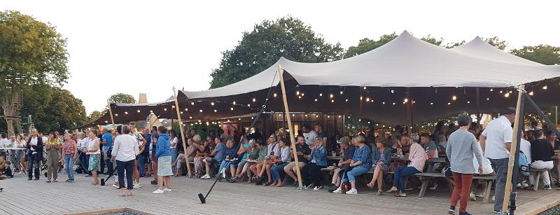 Une foule joyeuse chantant ensemble lors d'un festival de musique française, ambiance festive et lumineuse
