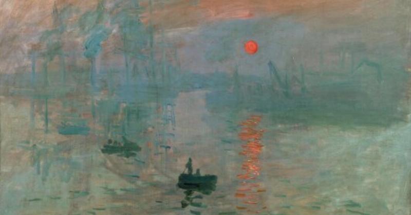 Peinture de Claude Monet représentant un lever de soleil sur un port, style impressionniste.
