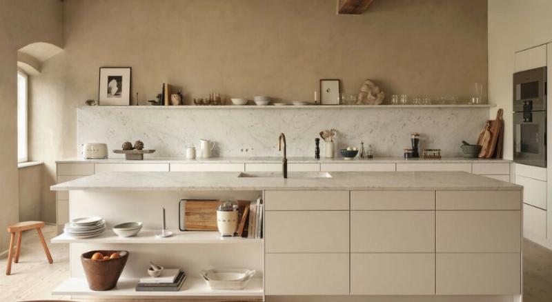 Cuisine avec peinture vert sauge, accents bois et blanc, style scandinave chic