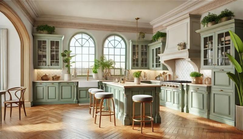 Cuisine élégante avec des touches de vert sauge, évoquant la peinture et la nature