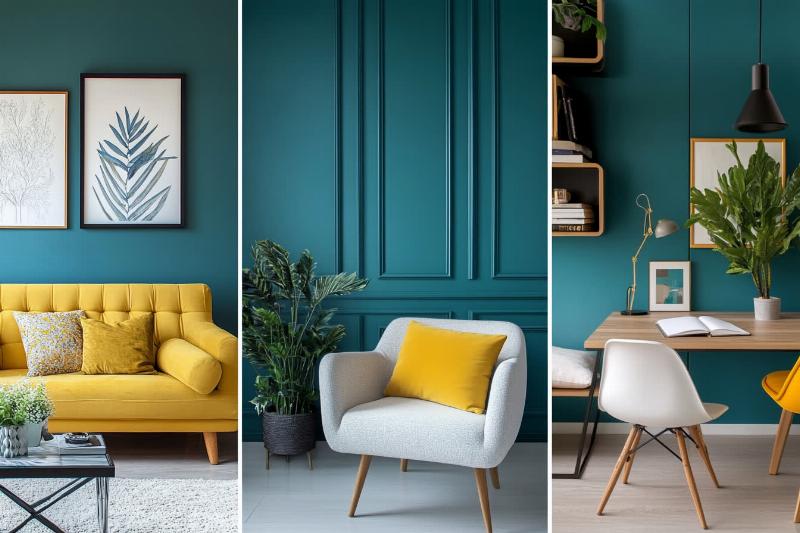 Salon élégant avec des murs bleu canard et des accents dorés