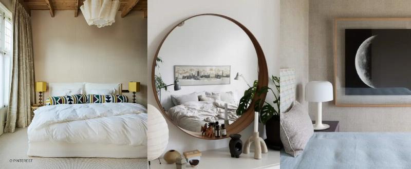 Chambre moderne avec mur d'accent noir velours, linge de lit blanc et touches dorées