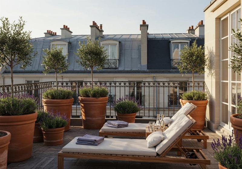 Éclairage d'ambiance doux sur un patio moderne avec mobilier en rotin et plantes luxuriantes