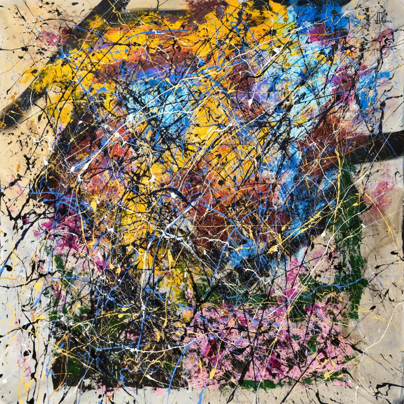 Georges Mathieu, pionnier de l'abstraction lyrique, en pleine création d'une œuvre gestuelle dynamique.