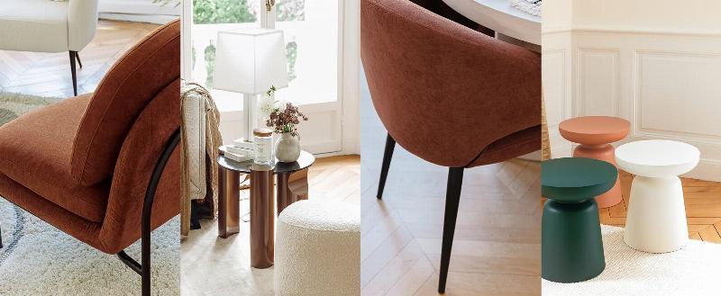 Exemple d'une palette de couleurs d'argile harmonieusement agencée dans un décor intérieur français, avec des éléments en bois, lin et touches métalliques.