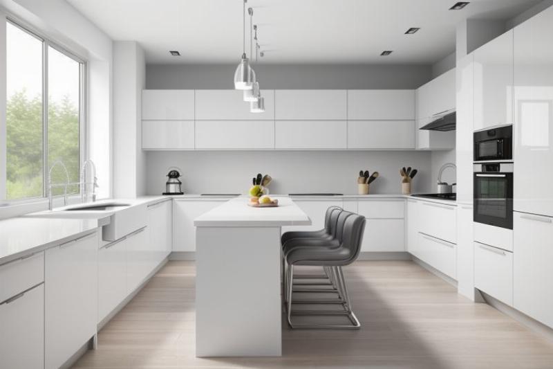 Salon moderne avec des murs gris, rehaussé par des accents dorés sur les luminaires et les pieds de meubles, typique du design français contemporain.