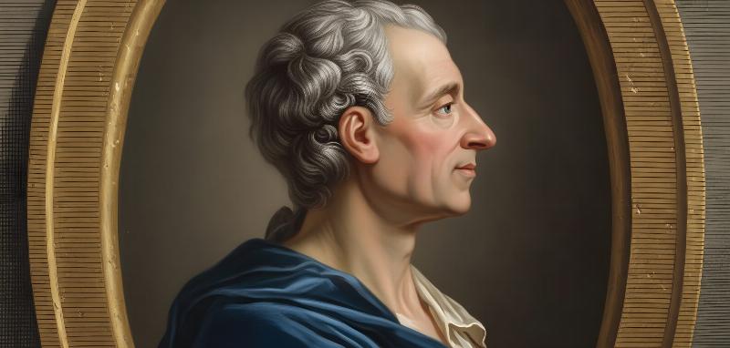 Montesquieu, philosophe des Lumières, analysant la séparation des pouvoirs dans "L'Esprit des lois"