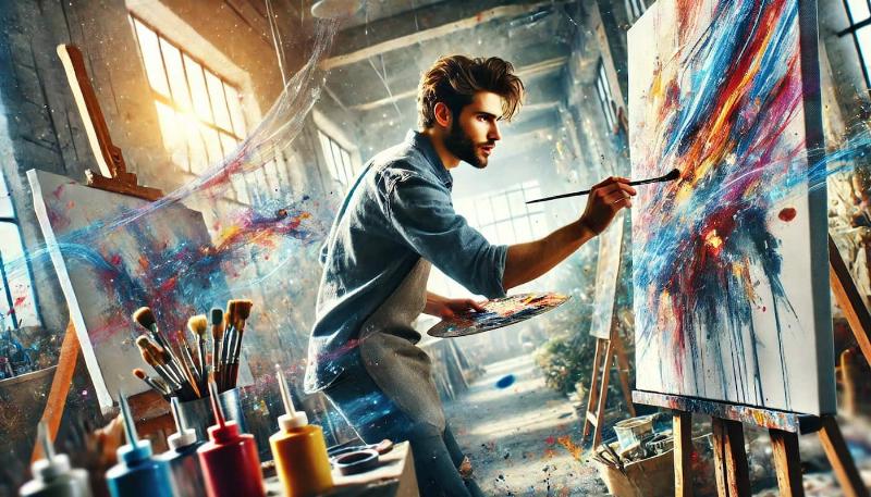 Palette d'artiste avec des couleurs vives et des pinceaux, style impressionniste