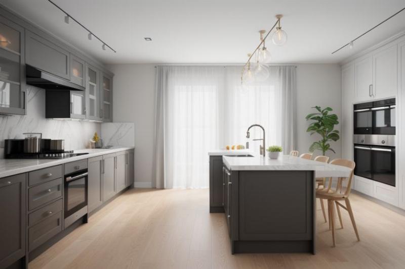 Peinture de faïence de cuisine dans un style français, avec des carreaux peints en blanc cassé et des accents de bleu pastel. Ambiance chaleureuse et authentique.