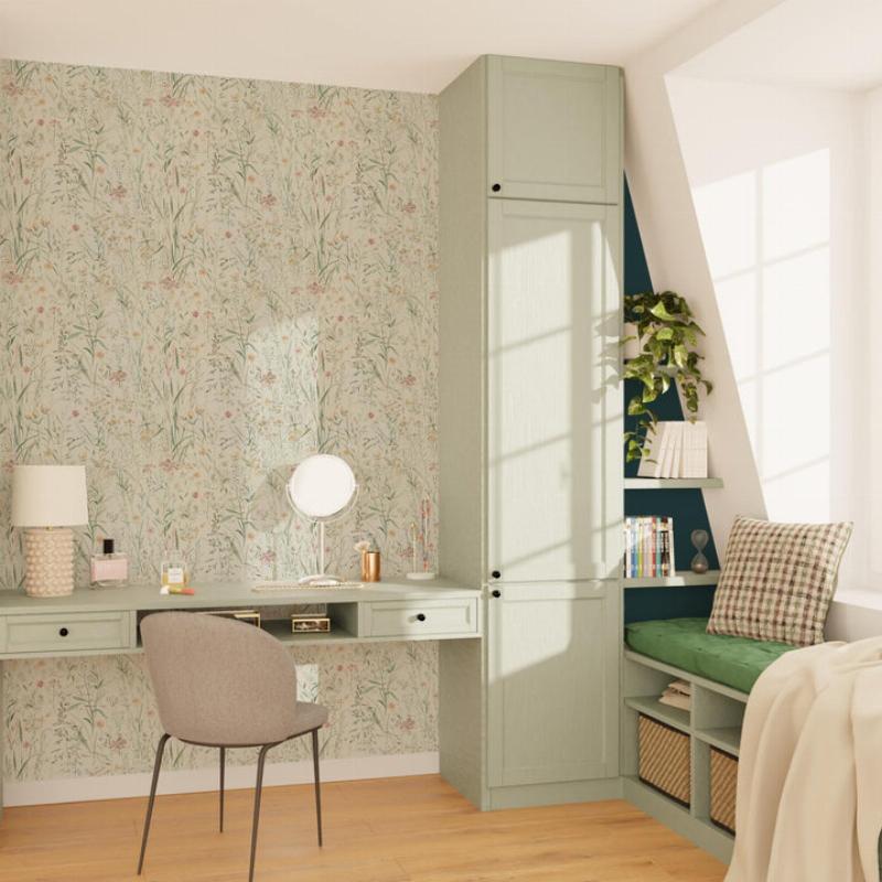 Peinture chambre décorée avec des murs bleu et gris, style moderne et apaisant