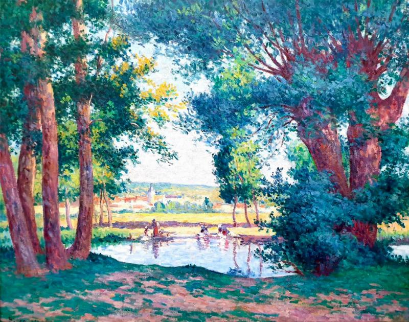 Tableau impressionniste vibrant d'un paysage français, capturant la lumière changeante et la beauté de la nature avec des touches de couleur audacieuses.
