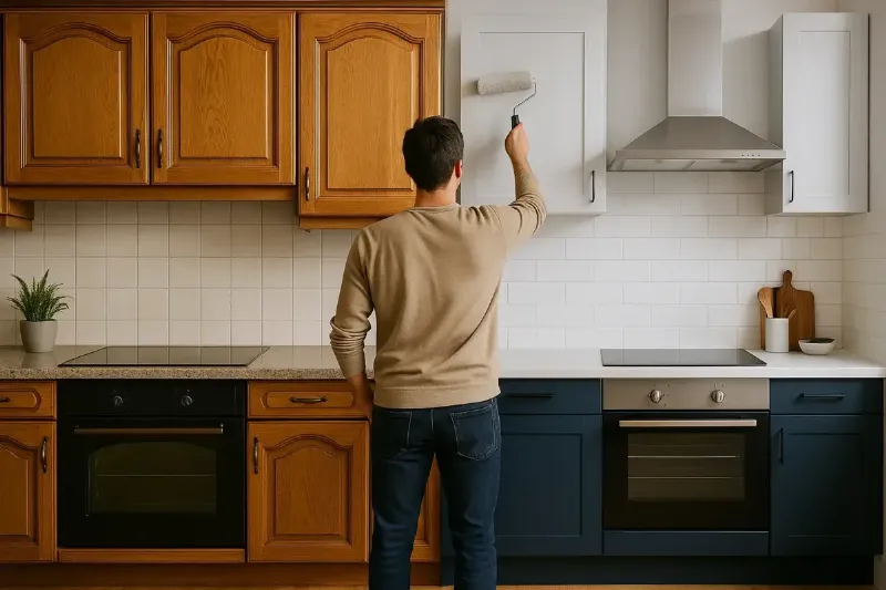 Peinture pour meuble de cuisine V33, ambiance cuisine moderne et lumineuse avec meubles relookés.