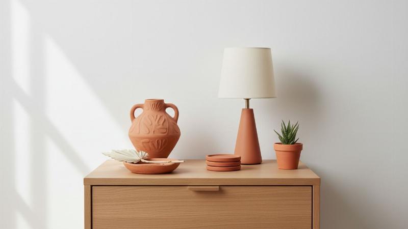 Chambre moderne avec un mur d'accent en terracotta doux derrière le lit, mobilier minimaliste, linge de lit en lin
