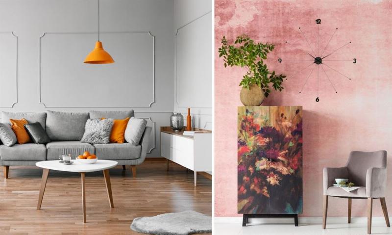 Peinture murale jaune moutarde dans un salon moderne et chic avec des meubles contrastés