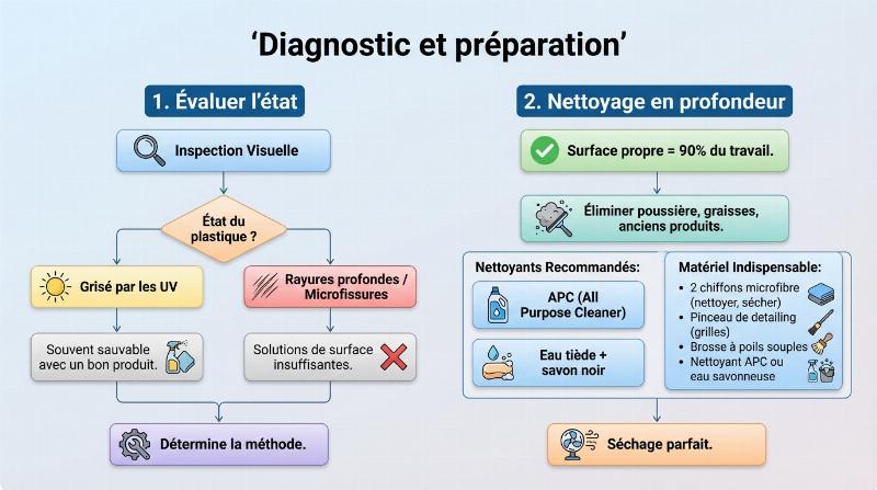 Préparation méticuleuse d'un pare-chocs avant peinture, incluant ponçage et masquage soigné.