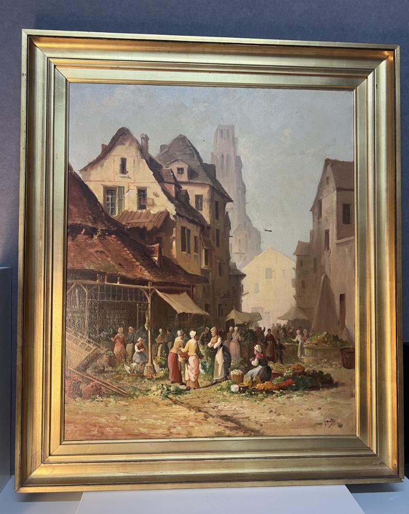 Peinture de scène de genre française illustrant la vie quotidienne animée dans un village pittoresque