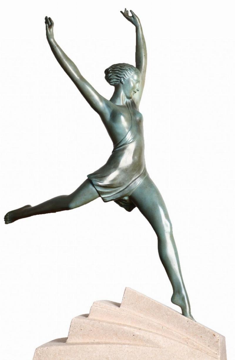 Sculpture en bronze Art Déco par Pierre Le Faguays représentant une danseuse athlétique