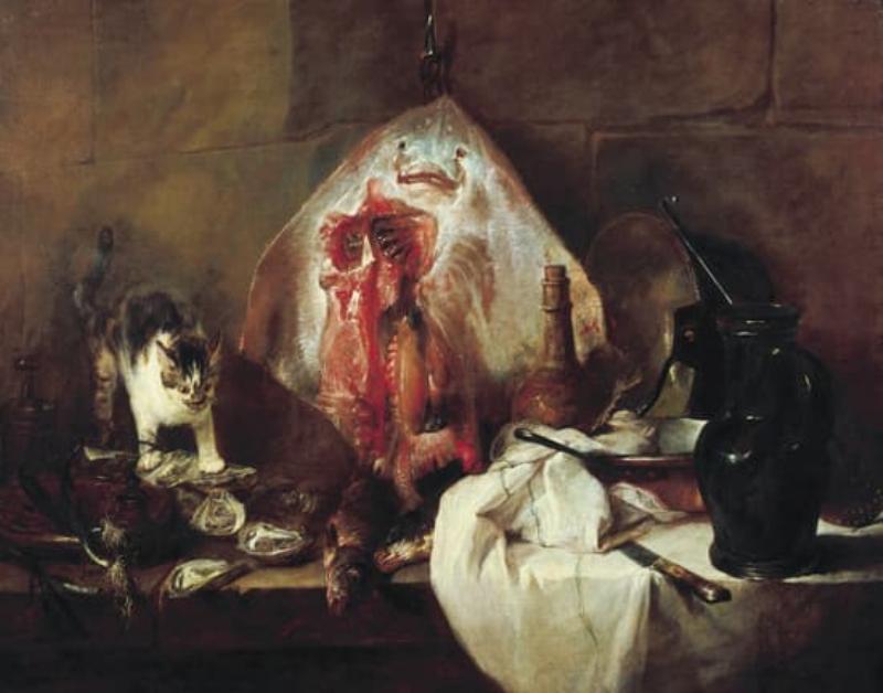 Nature morte française avec poisson, fruits et légumes, style réaliste