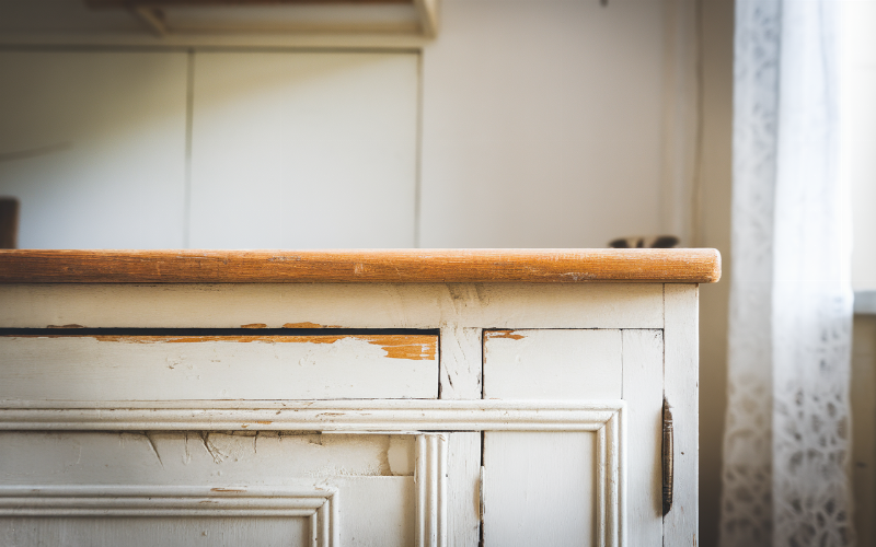 Préparation minutieuse des meubles de cuisine en bois avant l'application de la peinture