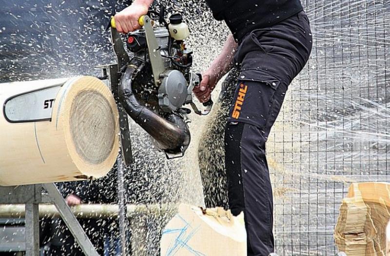 Le sculpteur sur tronc d'arbre utilisant une tronçonneuse avec précision, entouré de copeaux de bois.